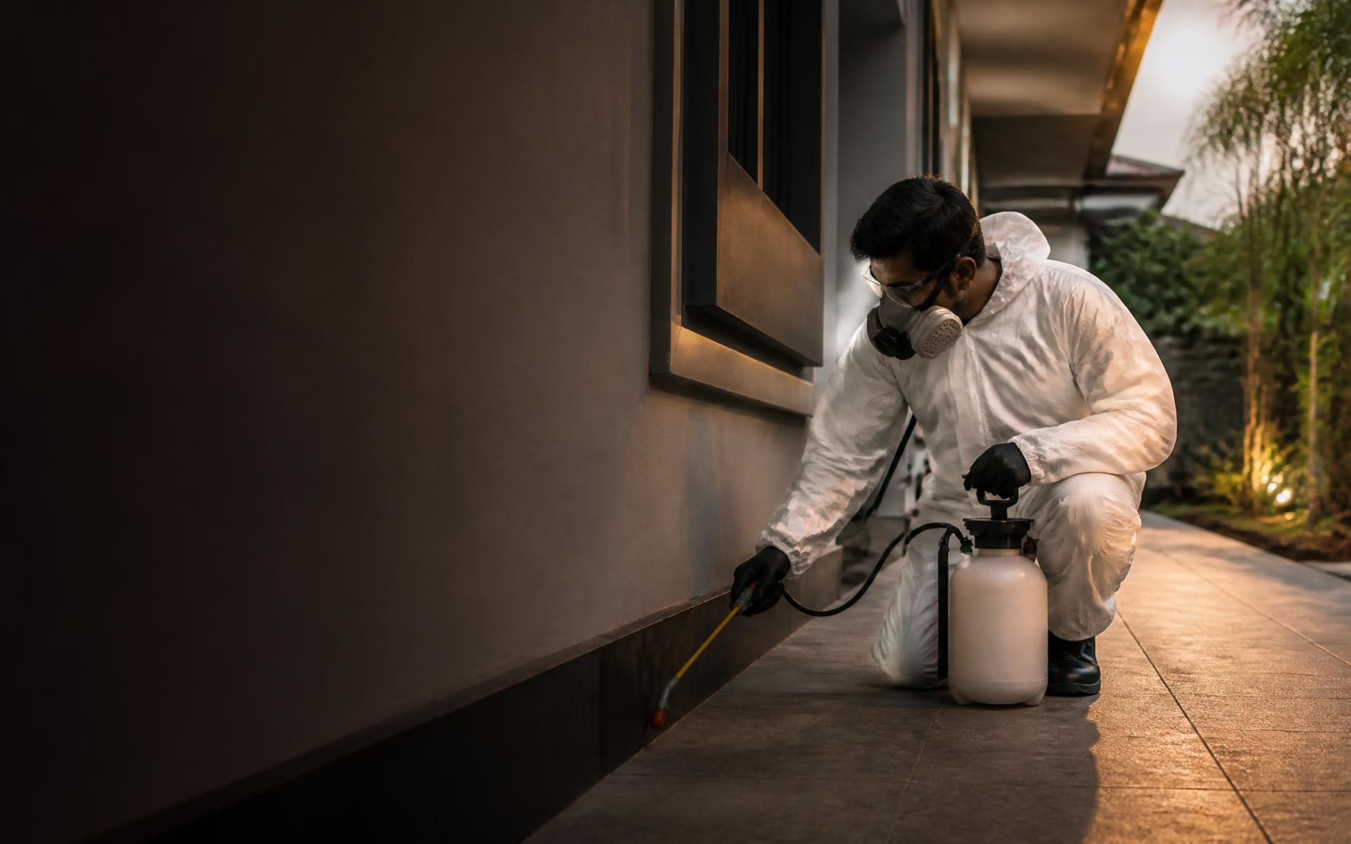 Sunrise Pest Solution technician treating the exterior of a home